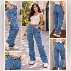 Blue High-Waist Cargo Straight Leg Jeans – Side Pocket Utility Denim